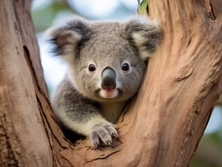 Adorable koala peeking out from tree