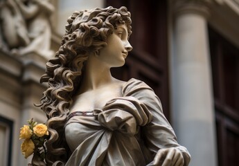 Ornate stone statue of a woman with curly hair and flowers