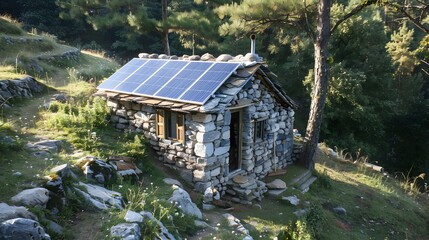 Small stone hut with solar panels installed on the roof
