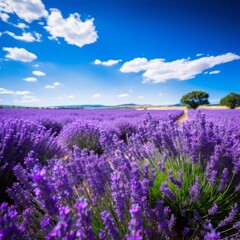 Naklejka premium Vibrant lavender field under blue sky with clouds