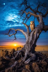 Majestic owl perched on twisted tree at sunset