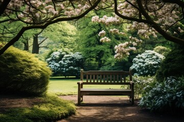 peaceful garden bench in blooming spring landscape