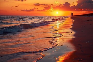 Beach at sunset, person walking along shore, Lone beachgoer meets the sunrise, waves whispering at feet. Skies ablaze with day’s first light, moment is a solitary embrace with the dawn’s serenity.