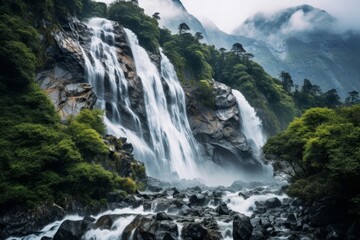 Majestic waterfall cascading through lush green forest