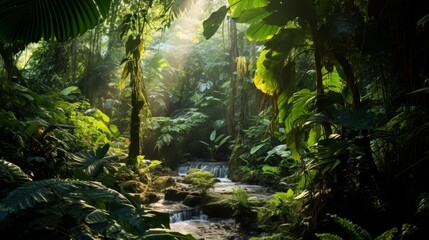 lush tropical rainforest with flowing waterfall