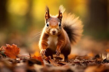 Obraz premium Curious squirrel in autumn leaves