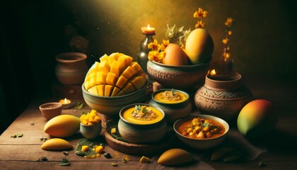 Rustic Mango Feast with Traditional Earthenware
