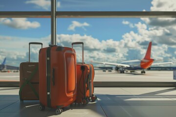 3D render of two suitcases and travel bag near the window in airport with airplane on background, close up.