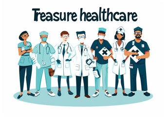 A vector illustration of multiple medical professionals wearing different uniforms and standing in front view with the text "Treasure healthcare heroes" and an icon for a face mask on a white backgrou