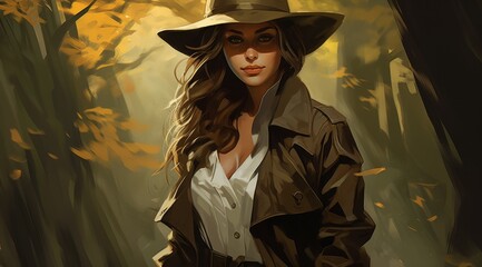 mysterious woman in trenchcoat and hat in forest