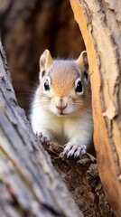 Curious squirrel peeking out from tree