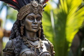 Ornate statue of a tribal figure with intricate headdress and jewelry