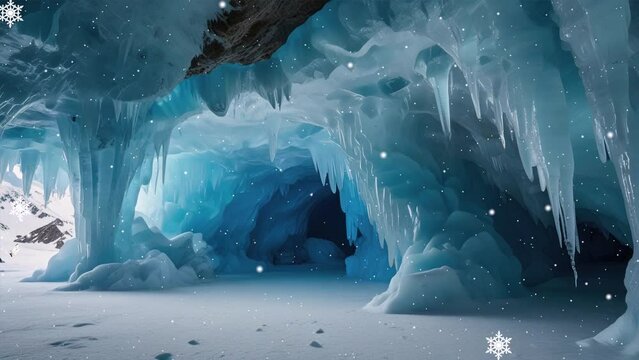 Crystaline Ice Grotto: Subterranean Blue Cave with Rocky Shoreline
