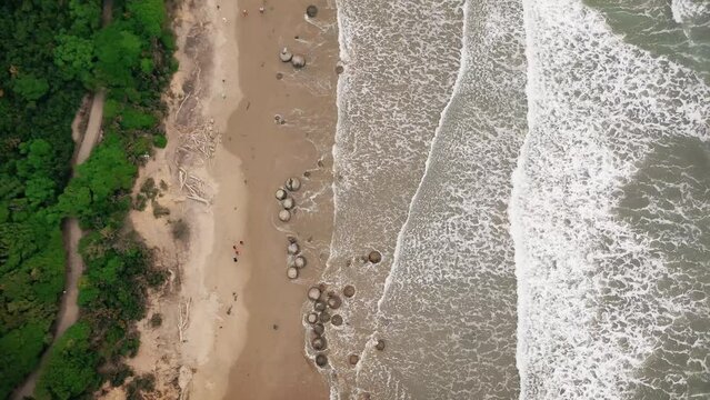 Tourism New Zealand Aotearoa | Moeraki Boulders - top view. Fly-over aerial camera shot.