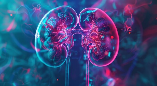 3D rendered illustration of a human underside with a smooth light blue background and two colorful glowing kidneys in red, yellow, and violet.