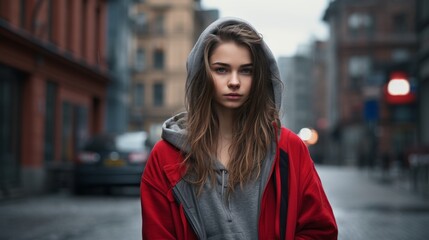 Obraz premium young woman in red jacket and grey hoodie standing on city street