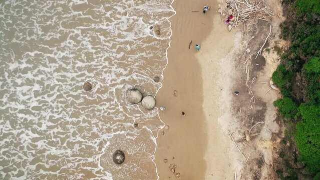 Tourism New Zealand Aotearoa | Moeraki Boulders - top view. Steady aerial camera shot.
