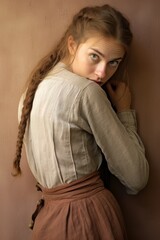 Pensive young woman with braided hair in warm lighting