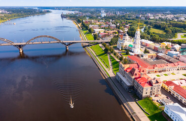 Drone view of the small Russian city of Rybinsk with the longest and original bridge over the Volga...