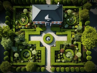 Aerial view of a meticulously designed garden with geometric patterns