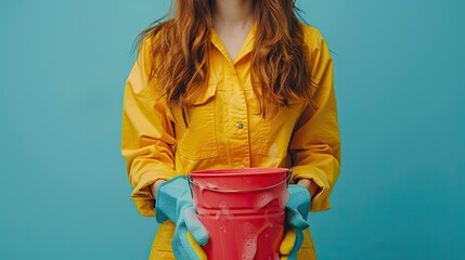A woman in a yellow jacket holding a red bucket. The bucket is filled with soapy water - Powered by Adobe