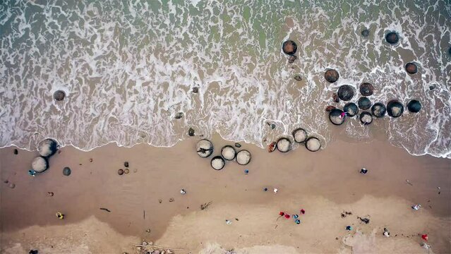 Tourism New Zealand Aotearoa | Moeraki Boulders - top view. Zoom-in aerial camera shot.