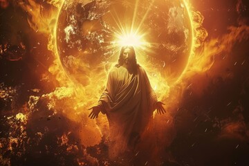 Jesus Christ looking at current global conflicts and efforts towards world peace with nuclear explosions all over the planet