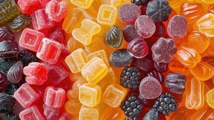 A colorful assortment of gummy bears and other candies. The candies are of various colors and shapes, including red, yellow, black, and purple. Concept of fun and indulgence - Powered by Adobe
