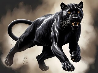  illustration of a fierce black panther in a dynamic leap, with piercing eyes and vibrant fur. 
