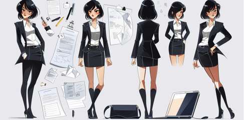 An illustration of a full-bodied female character with black hair in a business dress, with multiple poses and expressions on a white background 