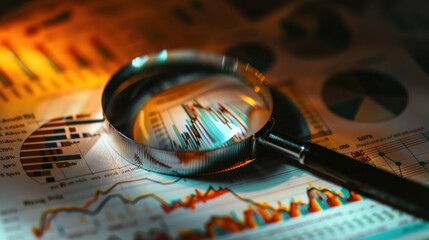 Magnifying glass zooming on data chart financial development