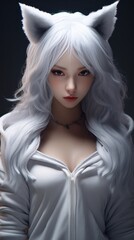 Mysterious anime-inspired woman with white hair and cat ears