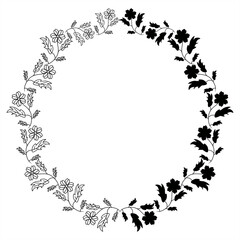 line art illustration and stamp silhouette of creeping wild grass flowers forming a round frame pattern