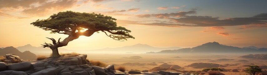 Dramatic sunset over a rugged mountain landscape with a lone acacia tree