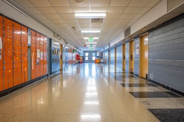 A hallway with a few lockers and a few doors. The hallway is empty and the lights are on