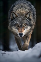 Naklejka premium Captivating close-up of a fierce wolf in the snowy wilderness