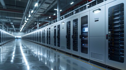 Fototapeta premium 3D rendering of a modern server room with white walls and glass fronted cabinets containing high-performance computer workframes, white floor, white ceiling, bright lighting.
