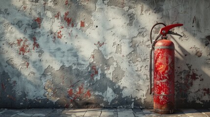 A red fire extinguisher sits on a wall. The wall is covered in graffiti and has a faded, worn...