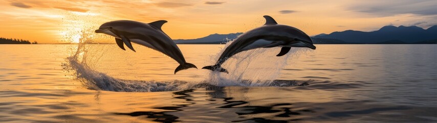 Fototapeta premium Dolphins jumping out of the water at sunset