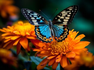 Vibrant blue and black butterfly on an orange flower