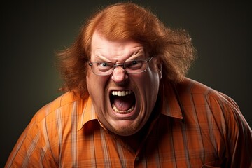 Angry man shouting loudly with red hair and glasses