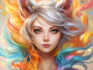 Vibrant fantasy portrait of a colorful woman with flowing hair