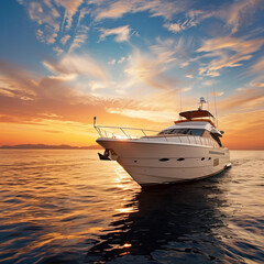 Sunset Yacht Cruise in Deep Blue Sea with Golden Sky Reflections