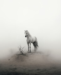 A white horse is seen facing in a black and white image, light gray and silver, stark simplicity, stark landscape, 