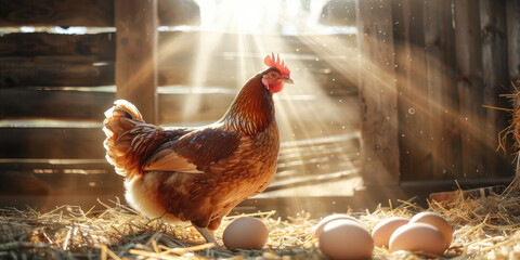 Fresh raw eggs and chicken on farm .
