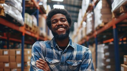 Naklejka premium Portrait of happy young warehouse worker