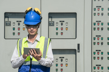 Focused young technician in safety gear inspects and controls industrial electrical equipment on a...
