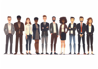 
Bright business people team, male and female characters standing in a row isolated on a white background