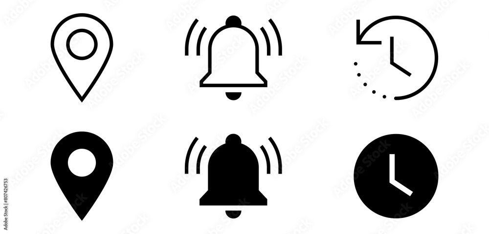 Aufkleber address location icon. notification bell icon. timer time icon - web icons set