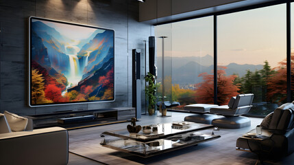 A modern living room apartment with a nice view